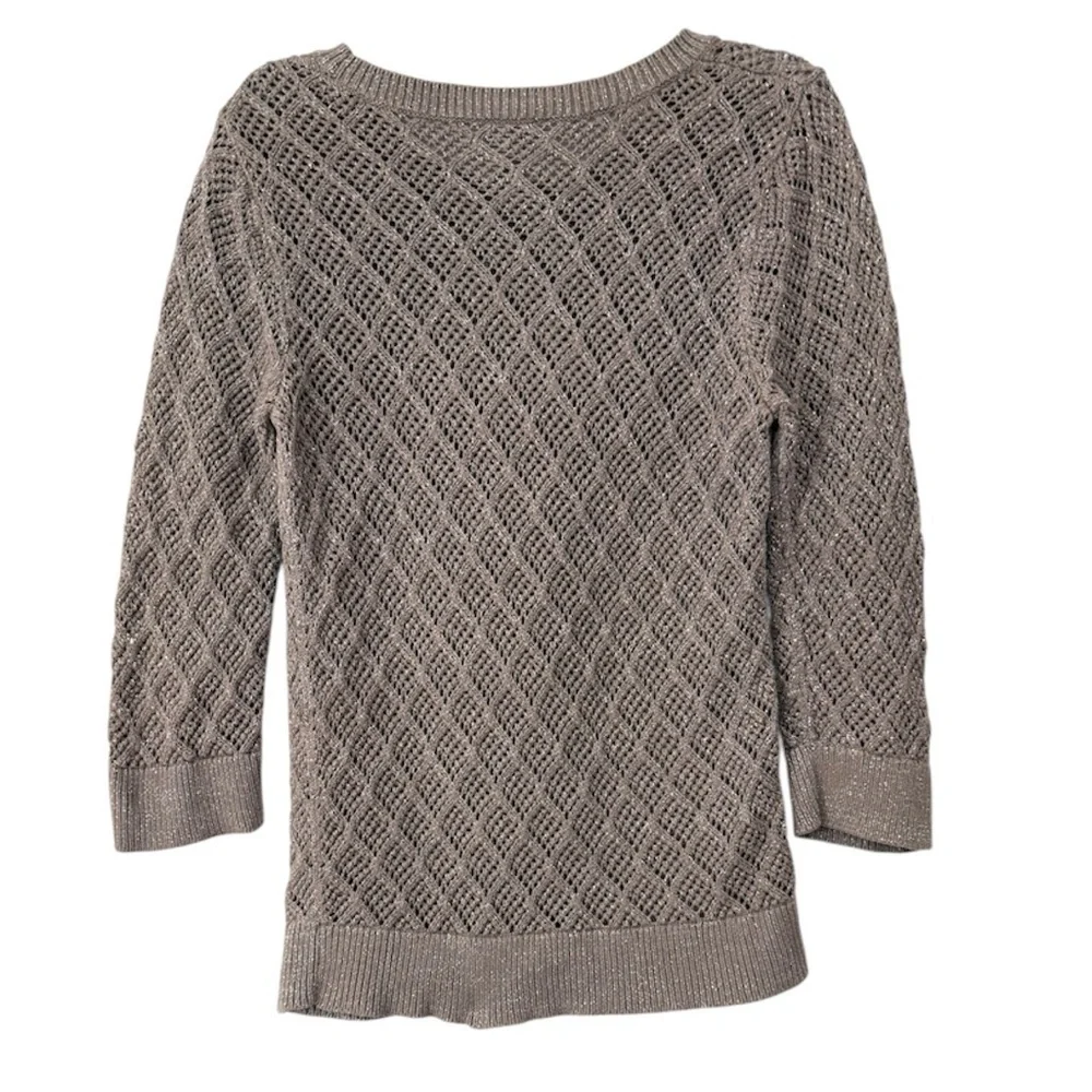 LOFT Metallic Pointelle Knit Sweater Open Weave Subtle Shimmer Taupe Size Medium
